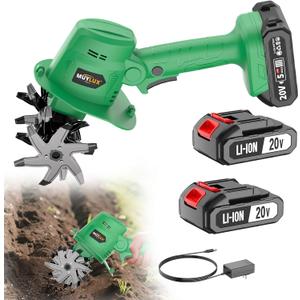 20V Cordless Tiller Cultivator for Gardening, Electric Garden Tiller with Battery & Charger, Garden Rototiller for Lawn Gardening Soil Cultivation, 2 Batteries