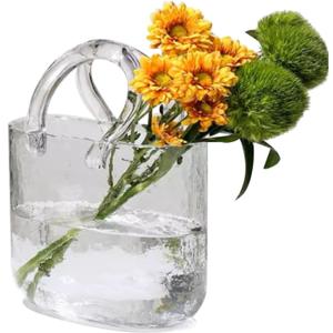 Glass Vase with Elegant Purse Design Clear Bag Glass Vase Glass Purse Vase with Handle and Bubbles Unique Flower Vase for Home/Office/Garden/Wedding/Events Decorations