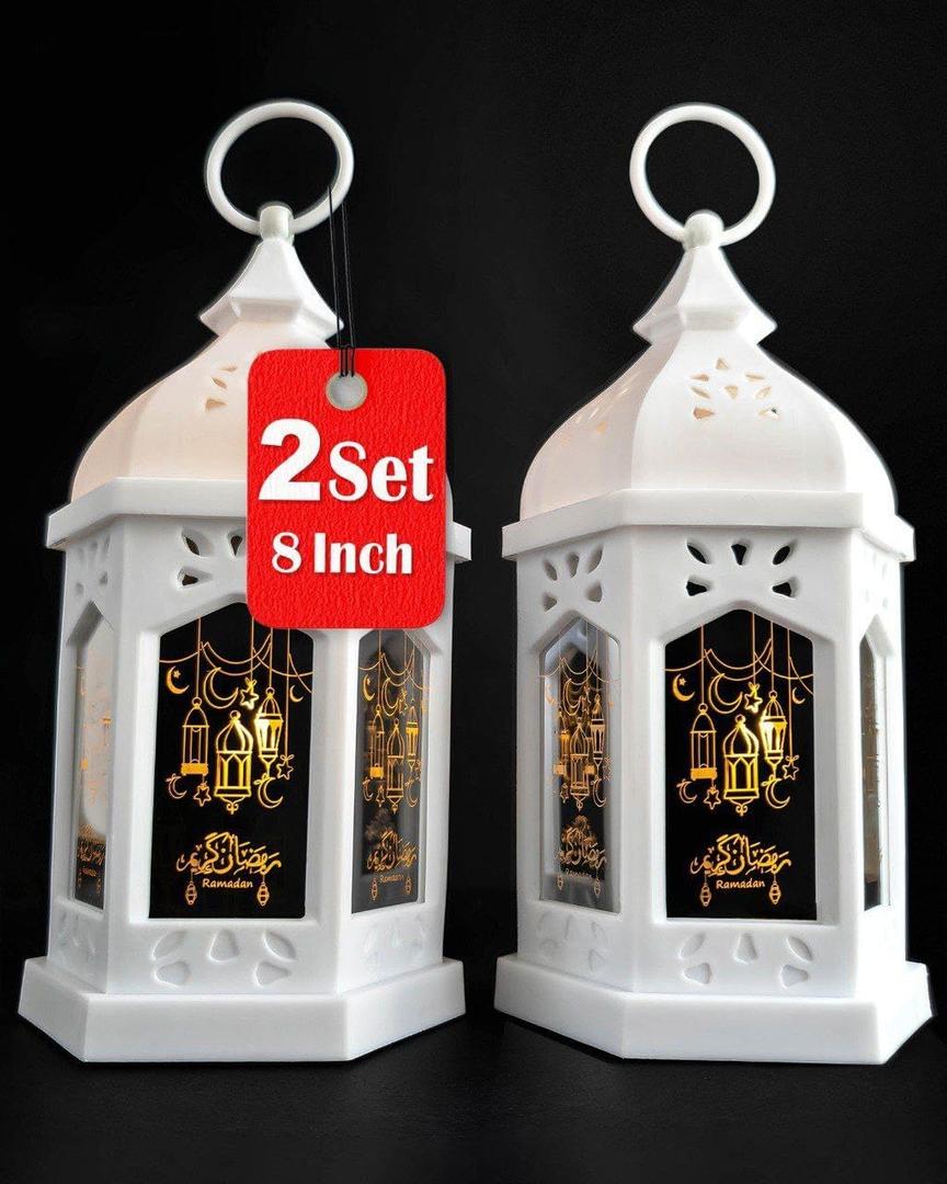 OLEEK Ramadan Lantern (2PCs-8in) - Ramadan Decorations for Home 2025 - Ramadan Gifts for Kids - Ramadan Lights - Ramadan Table Decor - Ramadan Lantern Lights - Ramadan Lanterns     (White)
