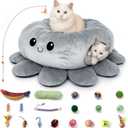 Cat Tunnel Bed for Indoor Cats, Peekaboo Cat Cave Bed with 20 Pcs Cat Toys, Soft Cat Donut Tunnel for Kitten Large Cats, Grey Octopus