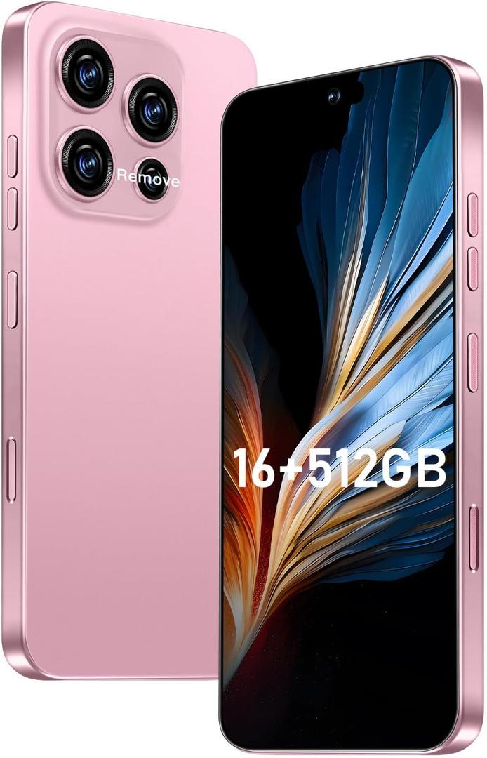 16PM Smartphone New Upgrade 16GB+512GB/6.99" Display 68+108MP Zoom Camera,Tempered Glass Finish, 7000mAh Android 14 Smartphone (Pink)
