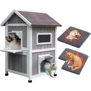Rockever Outdoor Cat House, Large Outdoor Houses for Feral Cats with Self-Warming Mat Wooden Outside Cat Shelter Weatherproof with Escape Door