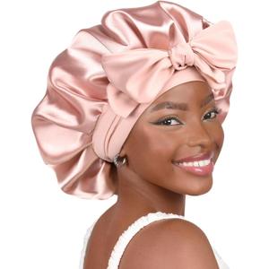 YANIBEST Silk Bonnet for Sleeping Women Satin Bonnet Double Layer Satin Lined Hair Bonnet with Tie Band Curly Hair (Large, Blush Pink)