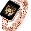 Slim Chains Bands for Apple Watch Bands for Women 42mm 41mm 40mm 38mm, Thin Metal iWatch Bands for Women, Dressy Skinny Metal Bands for iPhone Watch Bands Series 10 9 SE 8 7 6 5 4 3-Rose Gold
