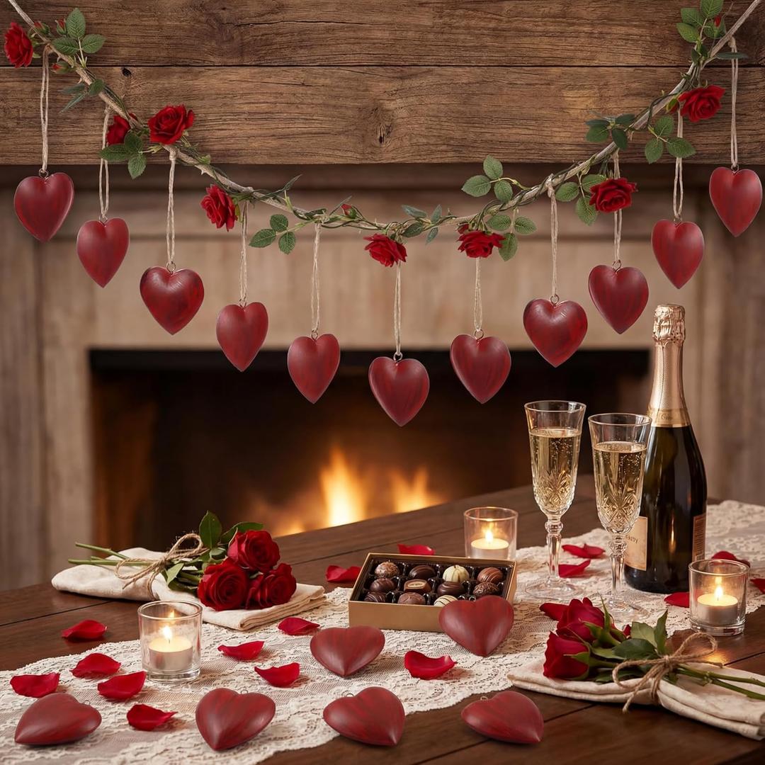 24 Pcs Valentine's Day Metal Heart Bells Decorative Indoor Outdoor Tibetan Inspired Meditation Hanging Cow Bell with 19.7 ft Jute Rope Rustic Wall Art Harmony Windchime for DIY Craft(3.5 cm)