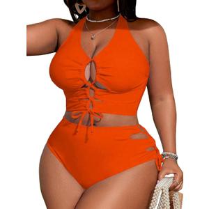 SOLY HUX Womens Plus Size Two Piece Bathing Suit Bikini Swimsuit | Tummy Control, High Waisted Bikini Sets, Adjustable Tie String, Sexy (Orange, XXL)