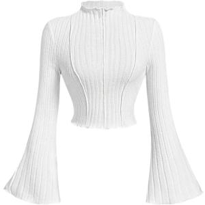 SOLY HUX Women's Mock Neck Bell Long Sleeve Tee Crop Top Lettuce Trim Slim Fit Going Out T Shirt (Medium)