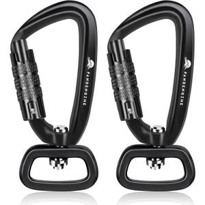 2 Pack Locking Carabiner Clip 2.5" with Swivel Ring for Securing Pets, Dog Leash Harness, Camping, Hiking, Keychains (Black)