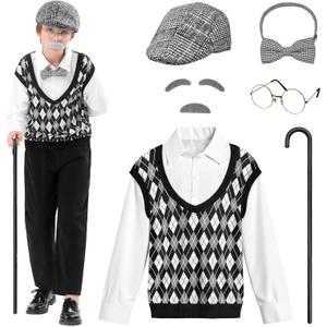 VICAMB Old Man Costume for Kids 100 Days of School Costume for Boys Old Person Costume Grandpa Outfit with Hat & Accessories (8-10Y, Black)