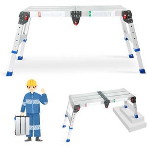 LEADALLWAY Work Platform Height Adjustment 43"(L) x12(W) x20(H) Step Stool Aluminum Platform Ladder with One-Touch Automatic Fold 330 Lbs Capacity (Silvery)