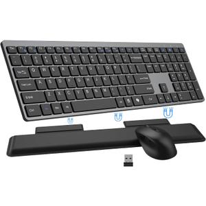 Wireless Keyboard and Mouse Combo, Full Size Silent Ultra Thin Keyboard with Magnetic Wrist Rest, Optical Mouse, 2.4G Lag-Free Cordless Mice Keyboard Set for Computer, Mac, Laptop, PC, Windows (Gray Black)