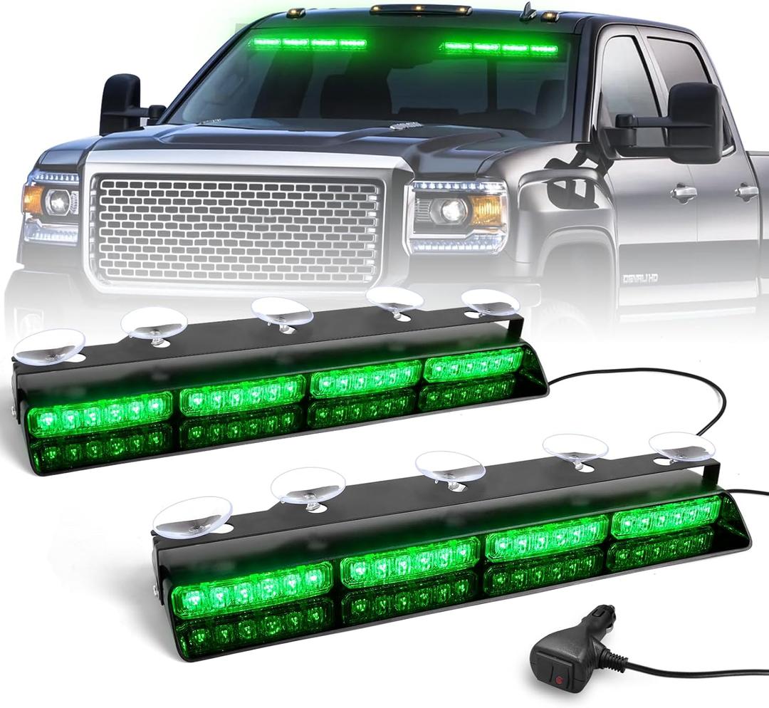 HLauto 6Z4J Emergency Dash Strobe Lights: 2x16.8 inch Green Safety Lights, 48 LED Flashing Warning Hazard Interior Windshield Visor Traffic Light Bar for Trucks, Construction Vehicles