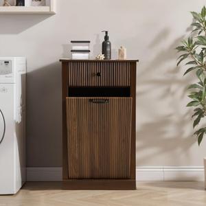 Wood Laundry Basket Cabinet, Hidden Trash Can Cabinet with Drawer, Versatile Storage Hamper Cabinets, Vertical Corrugated Laundry Hamper for Bathroom, Living Room, Kitchen (brown)
