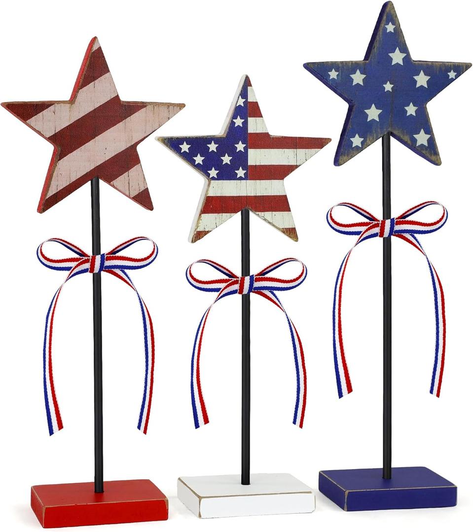 3 Pcs 4th of July Table Decoration Wooden Sign, Retro Red White Blue Star Patriotic Table Centerpiece Fourth of July Tabletop Decorations Memorial Day Tiered Tray Decor for Home Office