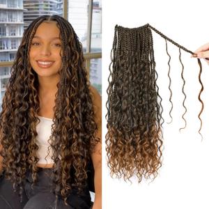9 Packs Boho Box Braids Crochet Hair 14 Inch Pure Protein Fiber Similar to Human Hair Goddess Box Braids Crochet Hair With Curly Ends Pre Looped Bohemian Braid Hair Extension For Women(14 Inch,T30#)