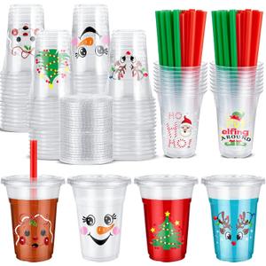 Zhehao 50 Set Christmas Plastic Cups Bulk 16 oz Clear Disposable Christmas Cups with Lids and Straws Santa Snowman Xmas Tree for Party Beverages Juice Coffee Drinks