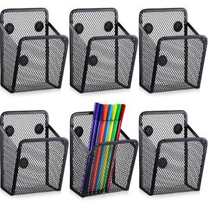 Yexiya Magnetic Pencil Holder Metal Magnetic Basket Mesh Pen Holder Black Desk Organizer for Work Whiteboard Refrigerator Locker Office Accessories(6 Pcs)