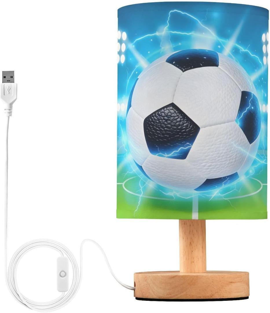 Bedside Lamp Soccer Ball on Field Table Lamp for Bedroom LED Nightstand Lamp Shade USB Ports Wood Base for Living Room Dorm Office