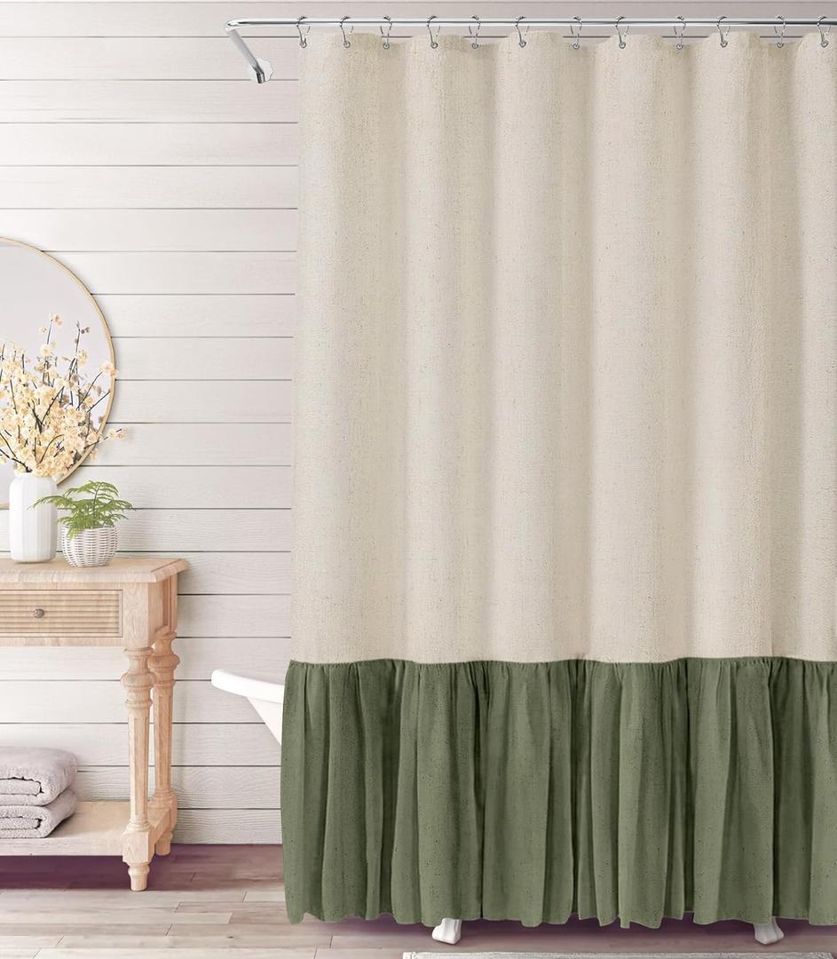 Awellife Farmhouse Shower Curtain Ruffle Linen Textured Boho Shower Curtain for Bathroom, Sage Green 72" W x 72" L