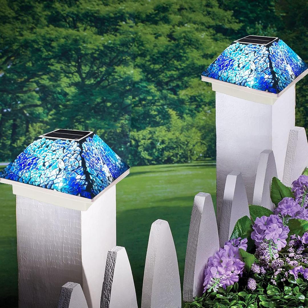 SUNNYPARK 2PK Mosaic Solar Post Cap Lights Outdoor for 4x4, 3.5x3.5 Post Crackled Glass Deck Fence Lamp Weatherproof LED Light Decor in Garden, Yard, Outdoor Table, Balcony, Landscape- Cyan Blue