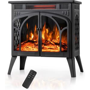 24Inch Electric Fireplace Stove, Free-Standing Infrared Fireplace Stove, Controllable 3D Flame, 4 Variable Flame&Log Colors, 1500w, 5100BTU,TC(50-99),Black,23.5" L X 10.7" W X 24.3" H