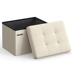 SONGMICS Mazie Collection - Small Folding Storage Ottoman, Foot Rest Stool, 12.2 x 16.1 x 12.2 Inches, 286 lb Load Capacity, for Living Room, Bedroom, Home Office, Dorm, Cream White ULSF102W01