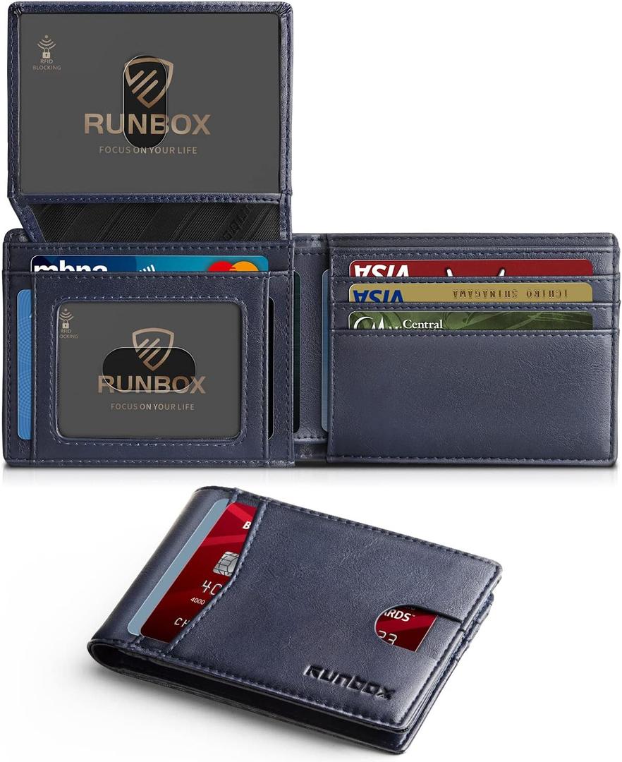 RUNBOX Wallet for Men Slim Rfid Leather 2 ID Window With Gift Box (Classic blue-new)