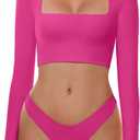 Cyanstyle Womens Double Lined Long Sleeve Crop Tops Shirts Square Neck Tight Fitted Going Out T-Shirt Neon Rose Red S