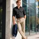 BUXKR Men's Wrinkle Free Slim Fit Dress Shirts Formal Long Sleeve Button Down for Wedding Business (Black, XL)