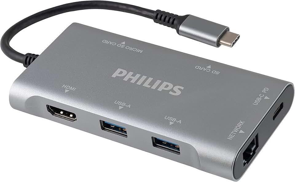 Philips USB C Hub with Power Pass-Through, 7-in-1 Multiport Adapter, 1 HDMI 4K@30Hz, 60W USB-C Power Delivery, 2 USB 3.0, 1 Ethernet, 1 SD 1 MicroSD Card Reader, DLK9120C/27