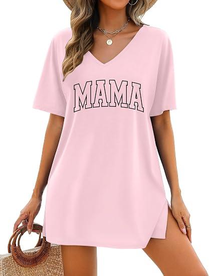 Mama Shirts for Women Dresses Mom Life Shirt Mothers Day Tops Mama Summer V Neck Casual Vacation Dress Pink, Small