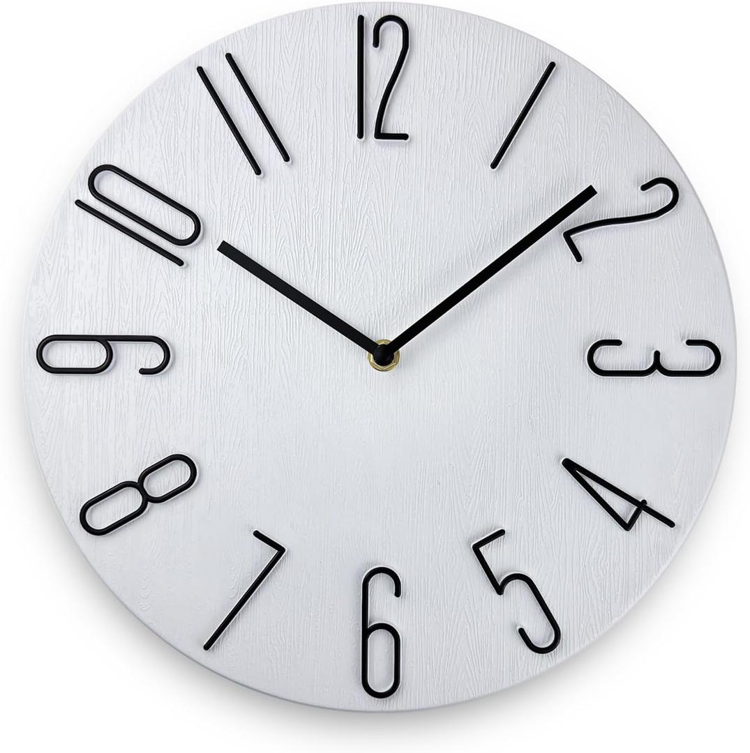 12 Inch Wall Clock Silent Non Ticking, Preciser Modern Style Decor Clock for Home, Office, School, Kitchen, Bedroom, Living Room, Wall Clock Without Second Hand (White)