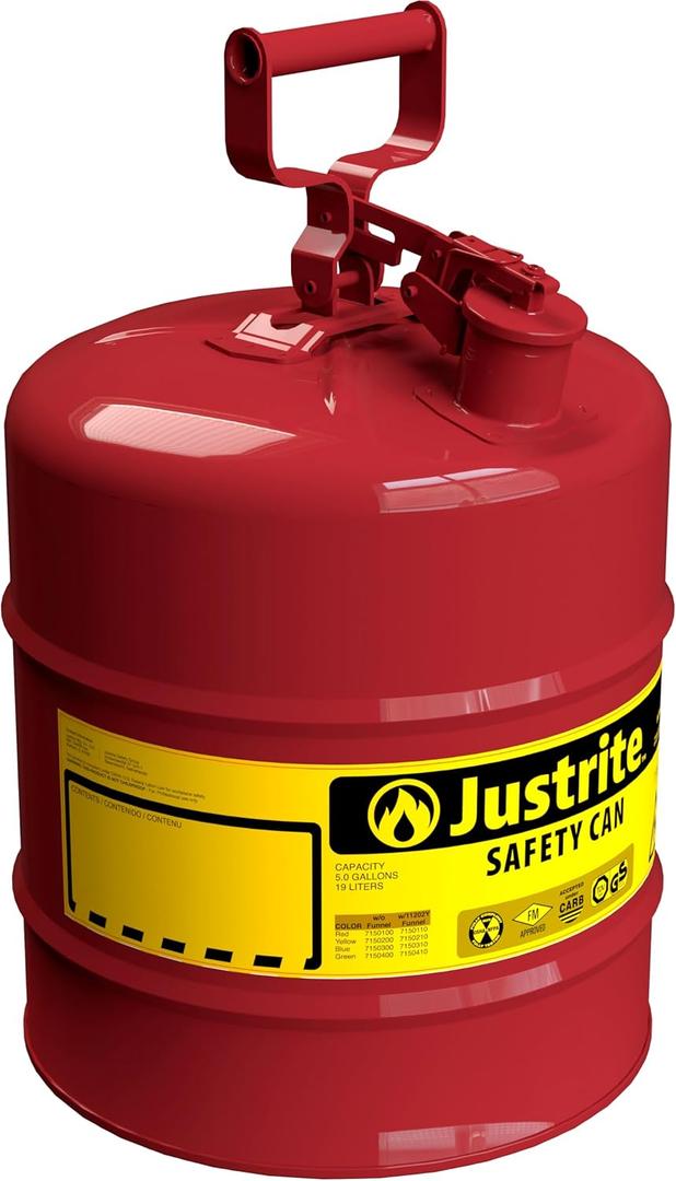 Justrite 5 Gallon Type I Red Safety Gas Can for Gasoline with Flame Arrester and Self-Closing Lid, Made in the USA, Galvanized Steel Flammable Storage Can, 7150100
