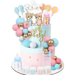 47 PCS Bear Cake Toppers - Mini 3D Bear BABY Letters Milk Bottle Blue Pink Gold Foam Balls Cake Toppers for Gender Reveal Baby Shower Party Cake Decorations