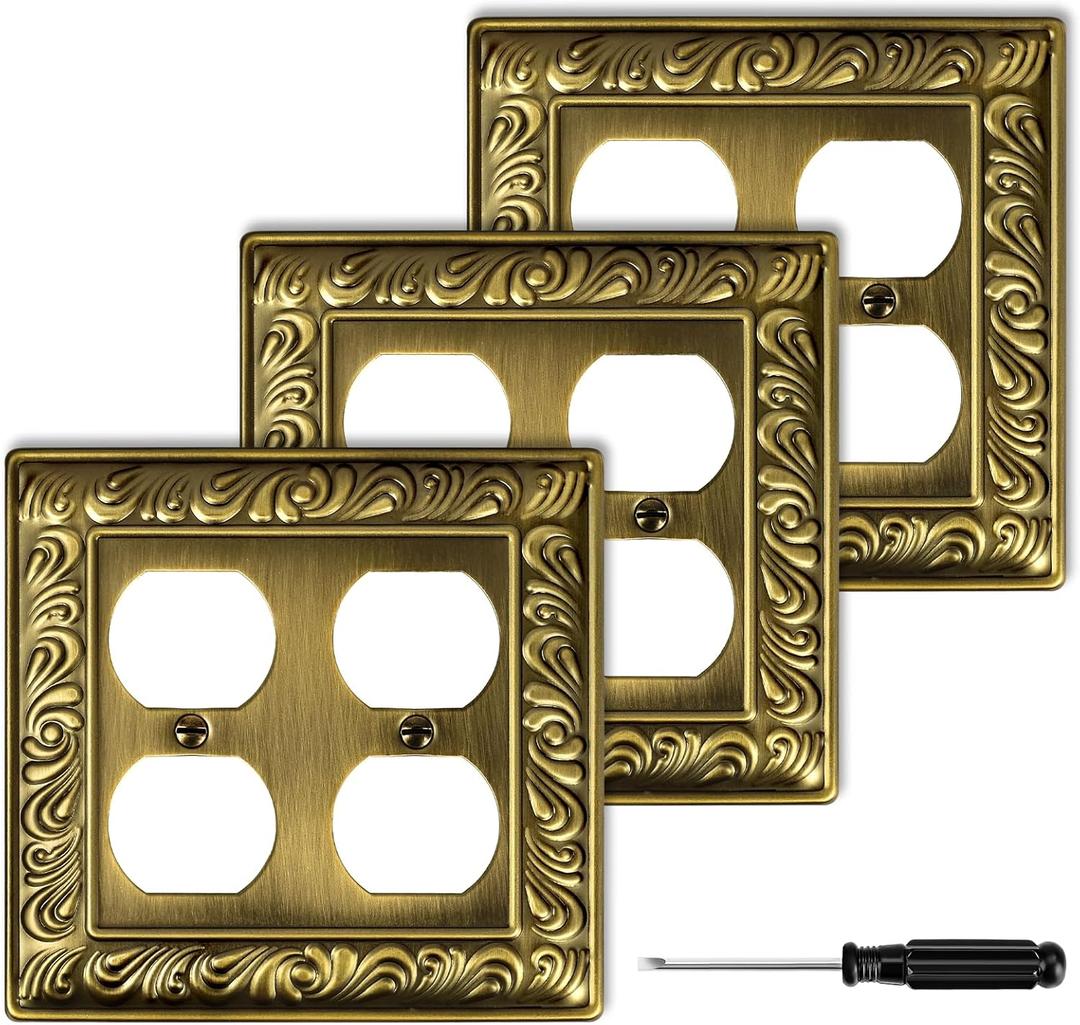 Antique Brass Decorative Wall Plate Light Switch Cover Decorator Outlet Covers Rocker Switch Plates Metal Material Wall Plates for Kitchen Bathroom (2 Gang Duplex-3 Pack)