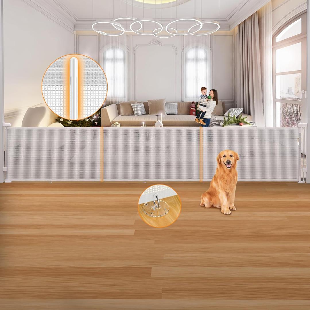 Retractable Baby Gates, 200 Inch Extra Wide Child Gate for Stairs, Extra Long Child Gates for Large Openings, Mesh Safety Gate, Expandable Dog Gates 200" Wide 33" Tall, White