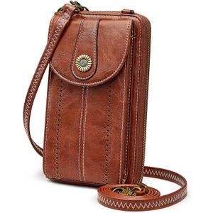 S-ZONE Women RFID Blocking Crossbody Cell Phone Purse Small Faux Leather Wallet Purse (Brown)