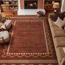 YIHOUSE Burnt Orange Scalloped Rugs for Living Room 8x10, Non-Slip Washable Farmhouse Border Bedroom Rug, Low-Pile Indoor Carpets, Stain-Resistant Vintage Rusty Rugs for Dining Room, Office