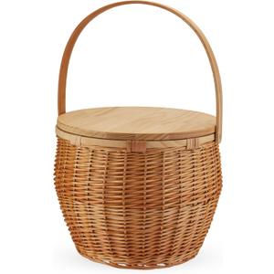 Twine Cask Willow Outdoor Lid and Handle, Insulated, Wicker Basket with Picnic Equipment Set of 1, Brown