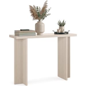 Stead Fluted Console Table Weathered White Solid Wood Entryway Table with Oak Grain Veneer, Curved Base & Adjustable Feet Modern Farmhouse Fluted Console Table for Hallway or Living Room.