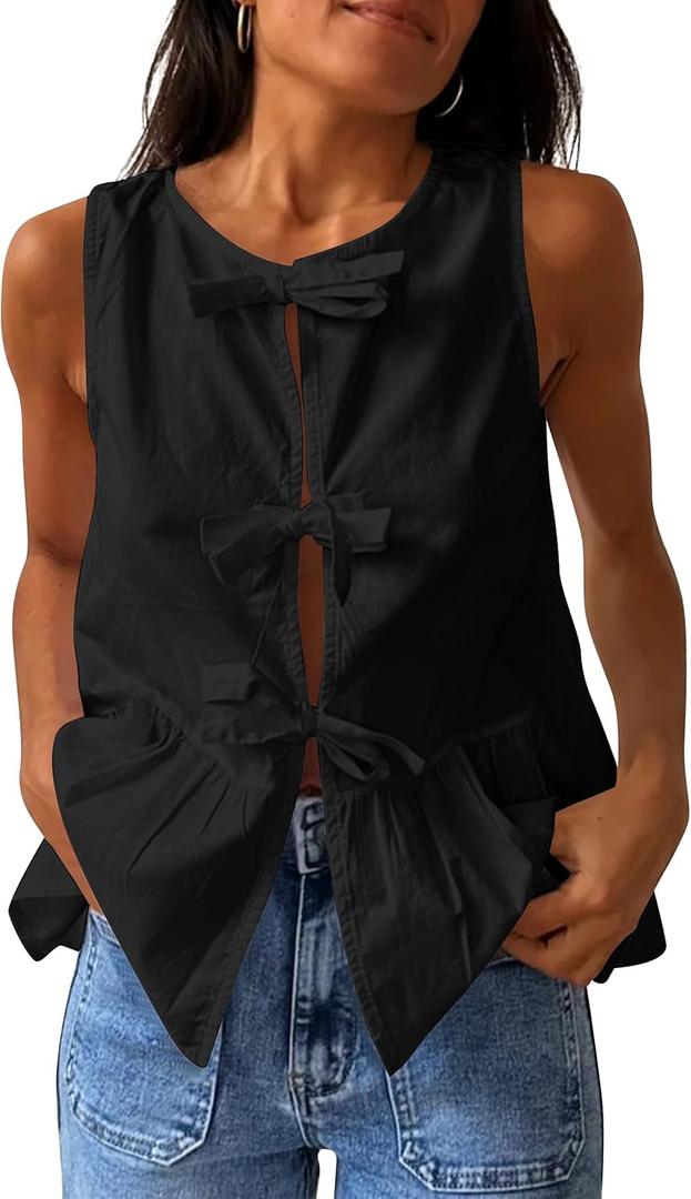 BAIGRAM Women Trendy Bow Tie Front Babydoll Tank Tops Sleeveless Peplum Ruffle Blouse Tie Up Summer Casual Dressy Tunic Black, Large
