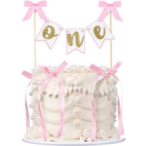 Honeydak 11 Pcs Pink Bow 1st Birthday Cake Topper with Wood Pole Handmade Pennant Flags with 10 Bow Ribbon Suitable for Baby Shower Favors, Gender Reveal, Baby Photo Booth Props