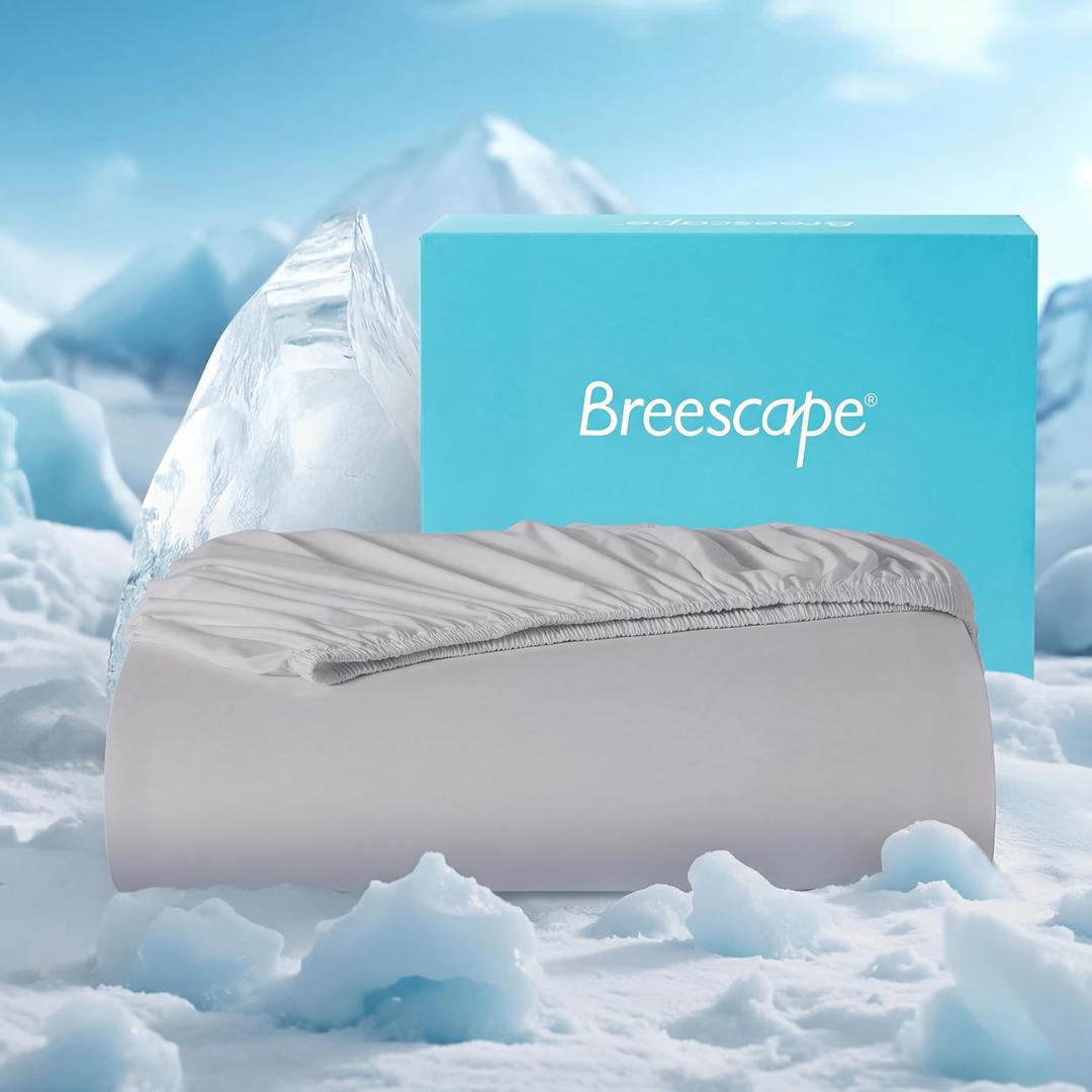 Breescape Cooling Fitted Sheet - King Fitted Sheet Only for Hot Sleepers and Night Sweats, Q-Max>0.46 Tech, Deep Pocket Up to 18", 360°Elastic Band- Fitted Sheet with Double Side Pockets, Gray