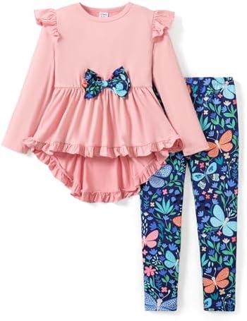 PATPAT Toddler Kids Girls 2Pcs Clothes Set Bowknot Design Ruffle Hem Long Sleeve Top and Floral Print Pant Outfits Size 4-5