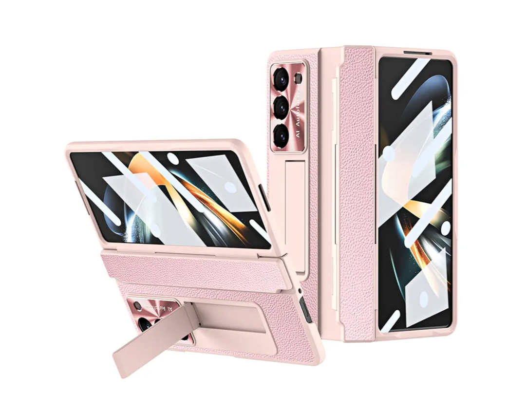 Fold 5 Case, One-Piece Housing Hinge Protection Leather ZFold5 Case with Kickstand, Compatible with Samsung Galaxy Z Fold 5 2023 (Pink)