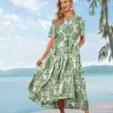 YESNO Women Casual Loose Bohemian Floral Dress with Pockets Short Sleeve Long Maxi Summer Beach Swing Dress EJF (Green, XXL)