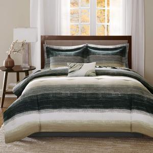 Madison Park Essentials Cal King Comforter Set, Bed in a Bag, Watercolor Print Coastal Comforter & Chambray Cotton Sheet Set, All Season Bedding Set, Saben, Taupe Cal-King (104 in x 92 in) 9 Piece, California King