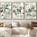 Large Framed Canvas Wall Art - Natural Float Framed Rustic Green Flowers Leaves Pictures Paintings White Grey Artwork Decor for Bedroom Living Room Kitchen Home Office Decoration 48" X 24" Set of 3, 16" X 24" X 3pieces Framed