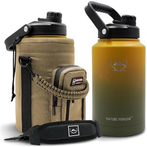 NATURE PIONEOR Insulated Water Bottles with Strap - 128 oz Stainless Steel Vacuum Bottle with Holder/Carrier/Sleeve - Reusable 18/8 Food Grade Thermos Water Jug (128 Ounces, Forest Green)