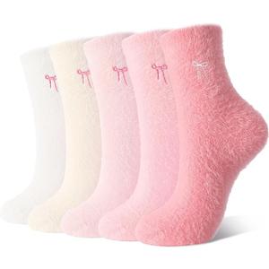 Jspupifip 5 Pairs Bow Fuzzy Slipper Socks for Women Cozy Soft Fluffy Slipper Warm Winter Thick Home Sleeping Gradient